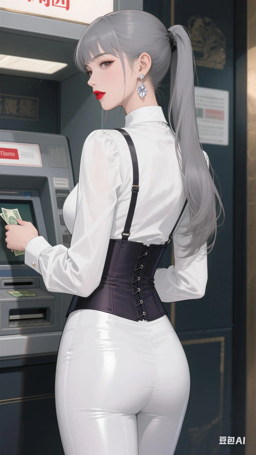 壁纸分享：正在提款机旁取钱的美女小姐姐