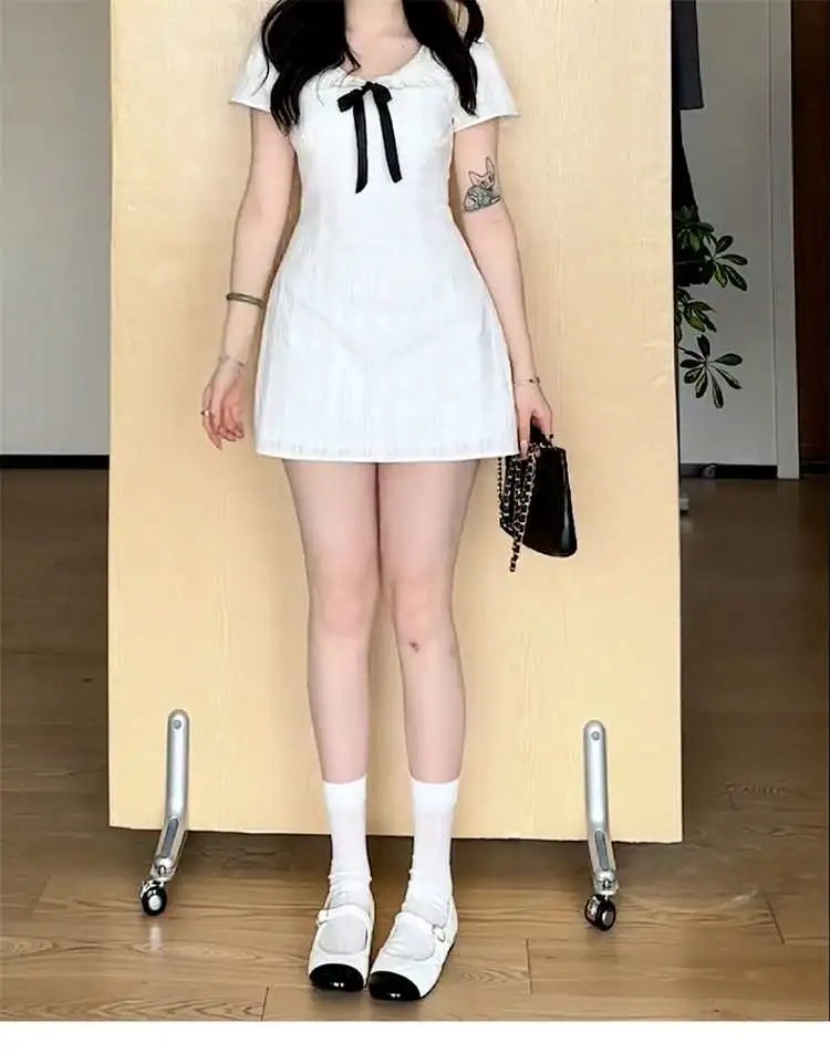 法式蝴蝶结白色连衣裙子女夏季2025新款