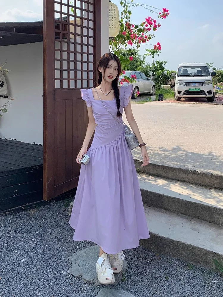 紫色飞飞袖连衣裙👗夏季必备