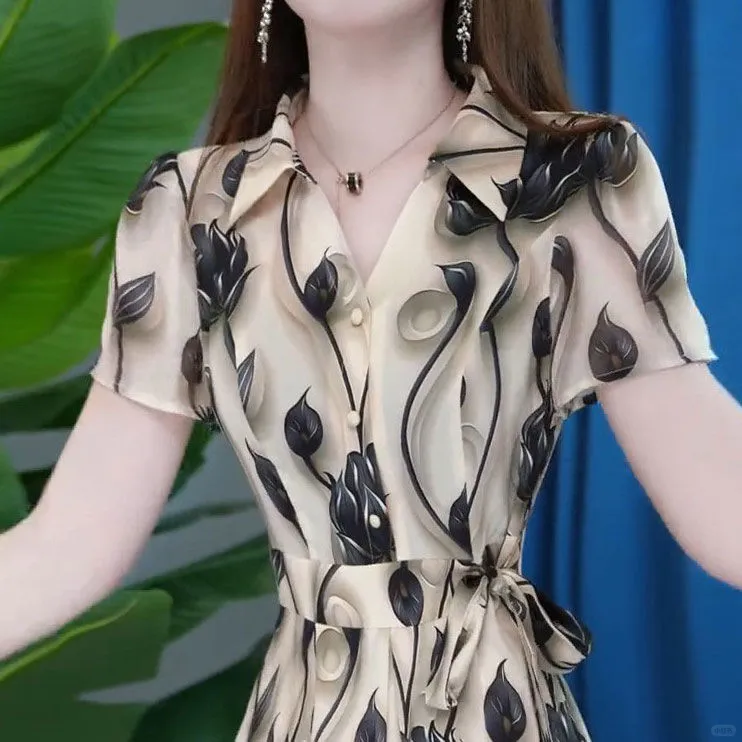 气质收腰显瘦不规则印花减龄裙子女2025