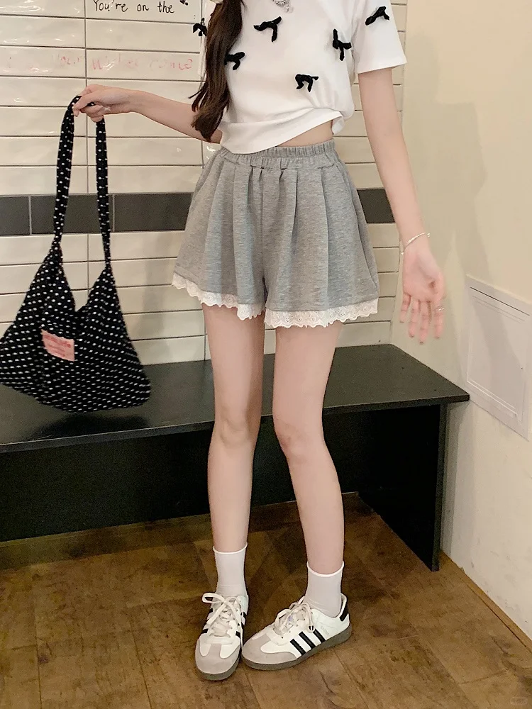 蕾丝花边灰色休闲裤女春季百搭显瘦松紧腰宽