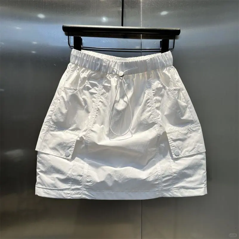 多口袋抽绳松紧腰休闲工装短裙女夏季薄款防