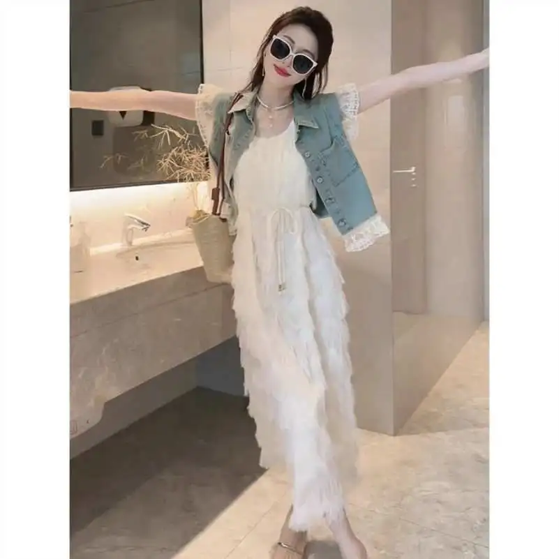 夏装搭配一整套女时尚设计感蕾丝拼接牛仔外