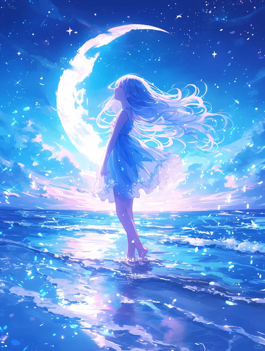 月夜梦影 🌙|月光下的海滩少女插画
