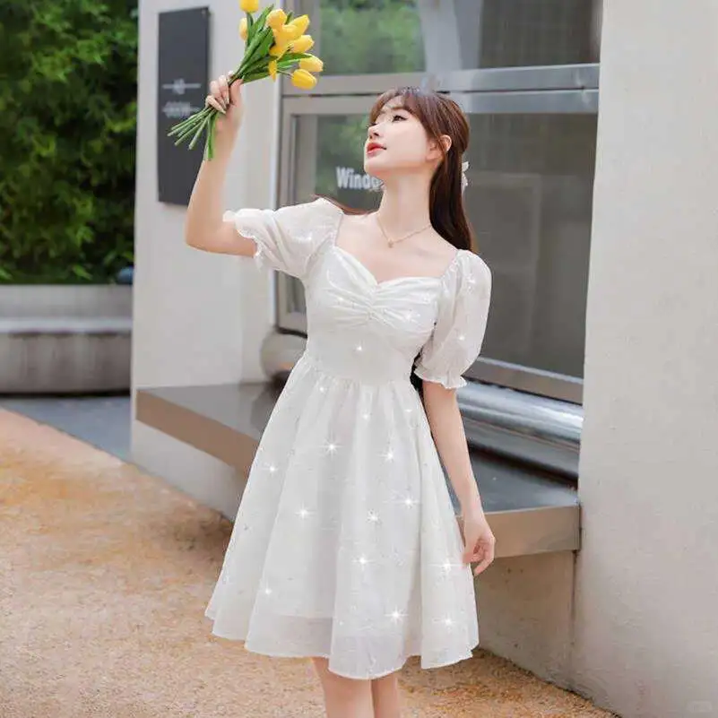 小清风甜美初恋仙女中长款裙子女夏季收腰显
