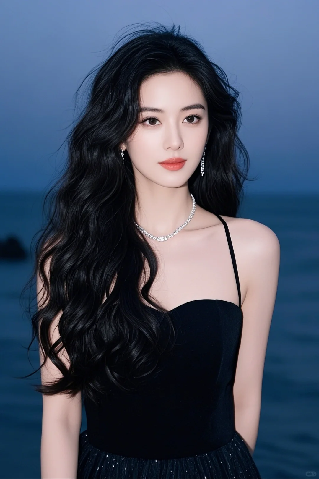 时髦的性感露肩礼服，搭配黑色长发 ai美女