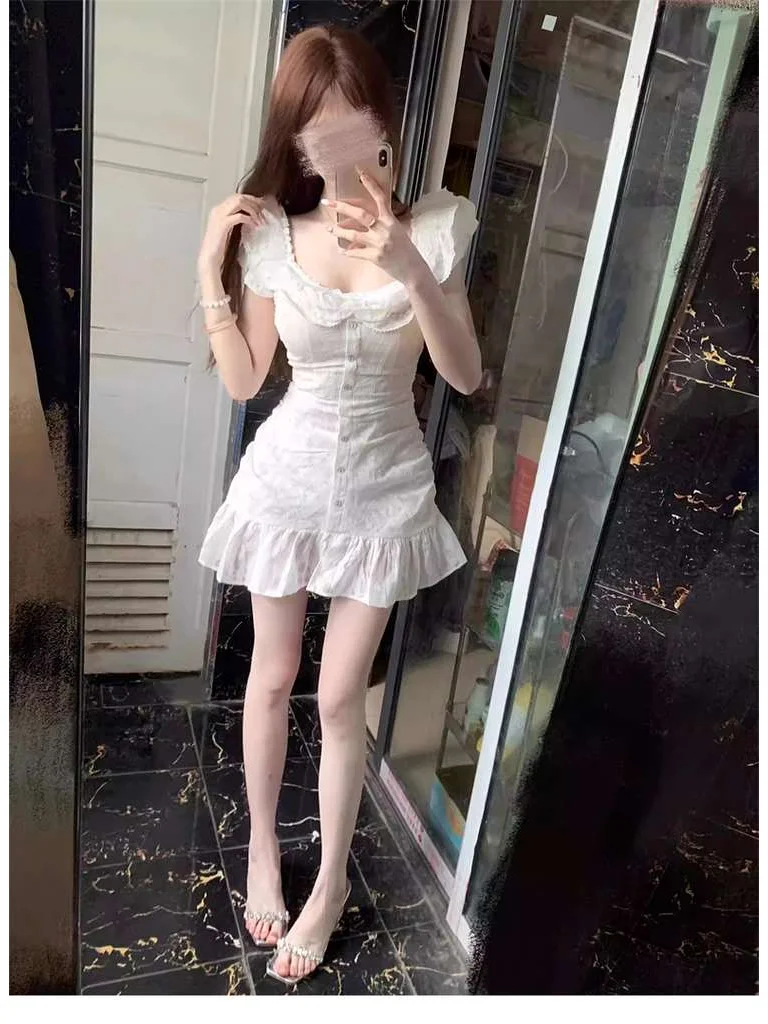 法式显瘦泡泡袖白色连衣裙子女夏季2025