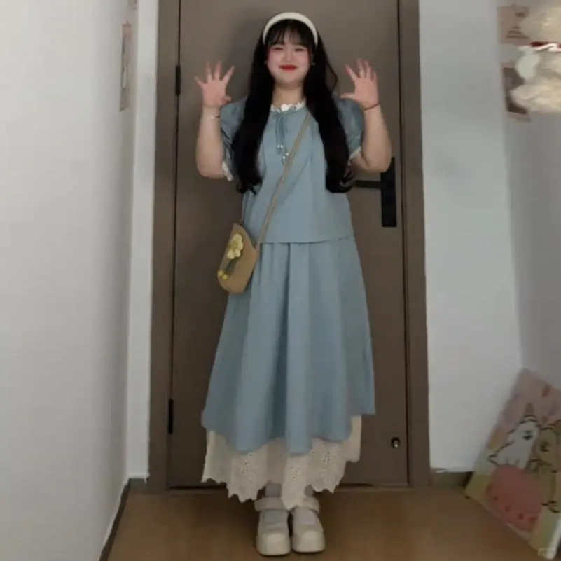 大码法式复古套装女夏季胖mm显瘦遮肉小个