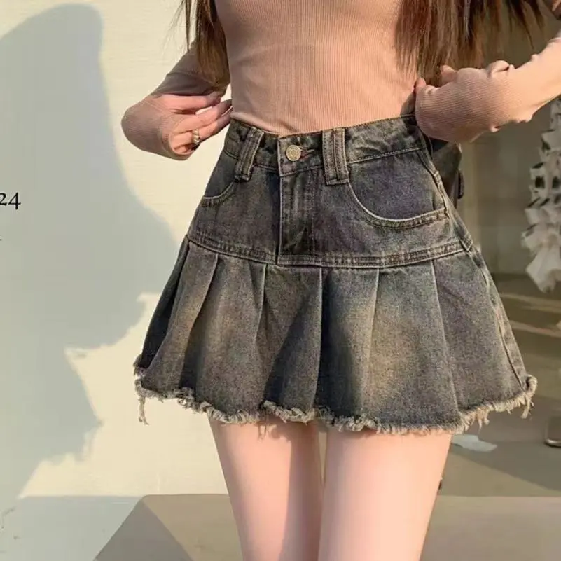 辣妹复古百褶牛仔半身裙女2025新款夏季