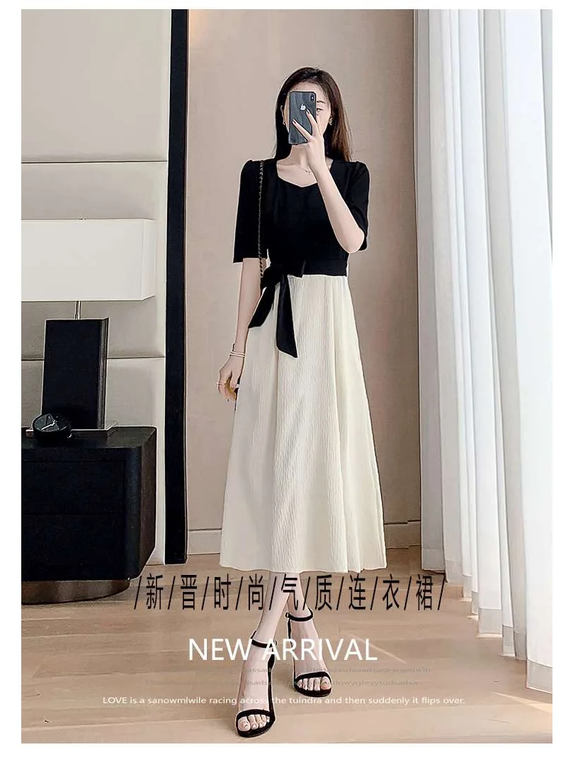 高级感黑色拼接连衣裙女2025夏季新款时
