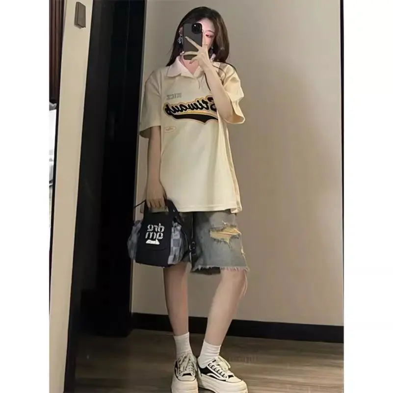 复古美式直筒中裤破洞牛仔裤女大码胖mm宽