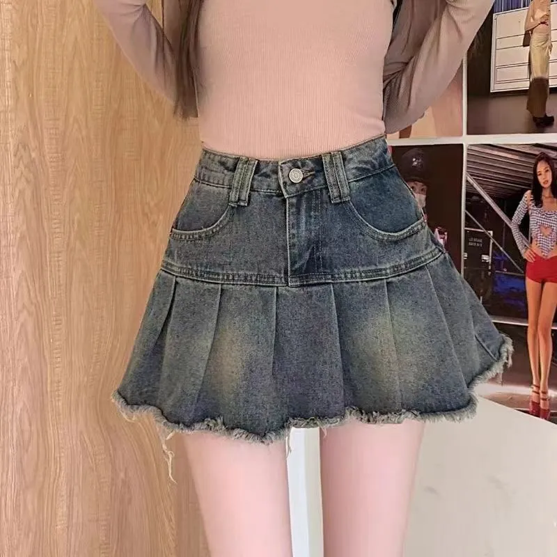 辣妹复古百褶牛仔半身裙女2025新款夏季