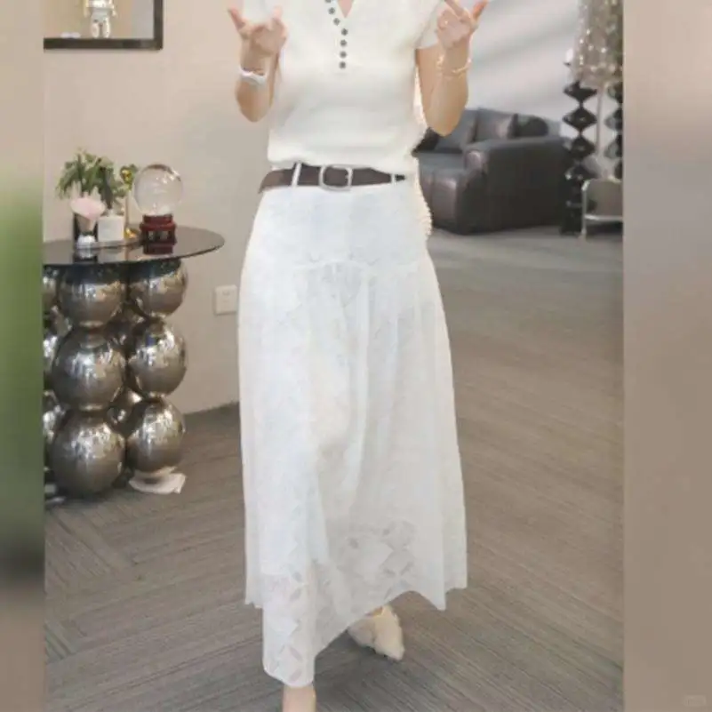 法式复古蕾丝拼接白色半身裙女2025春季