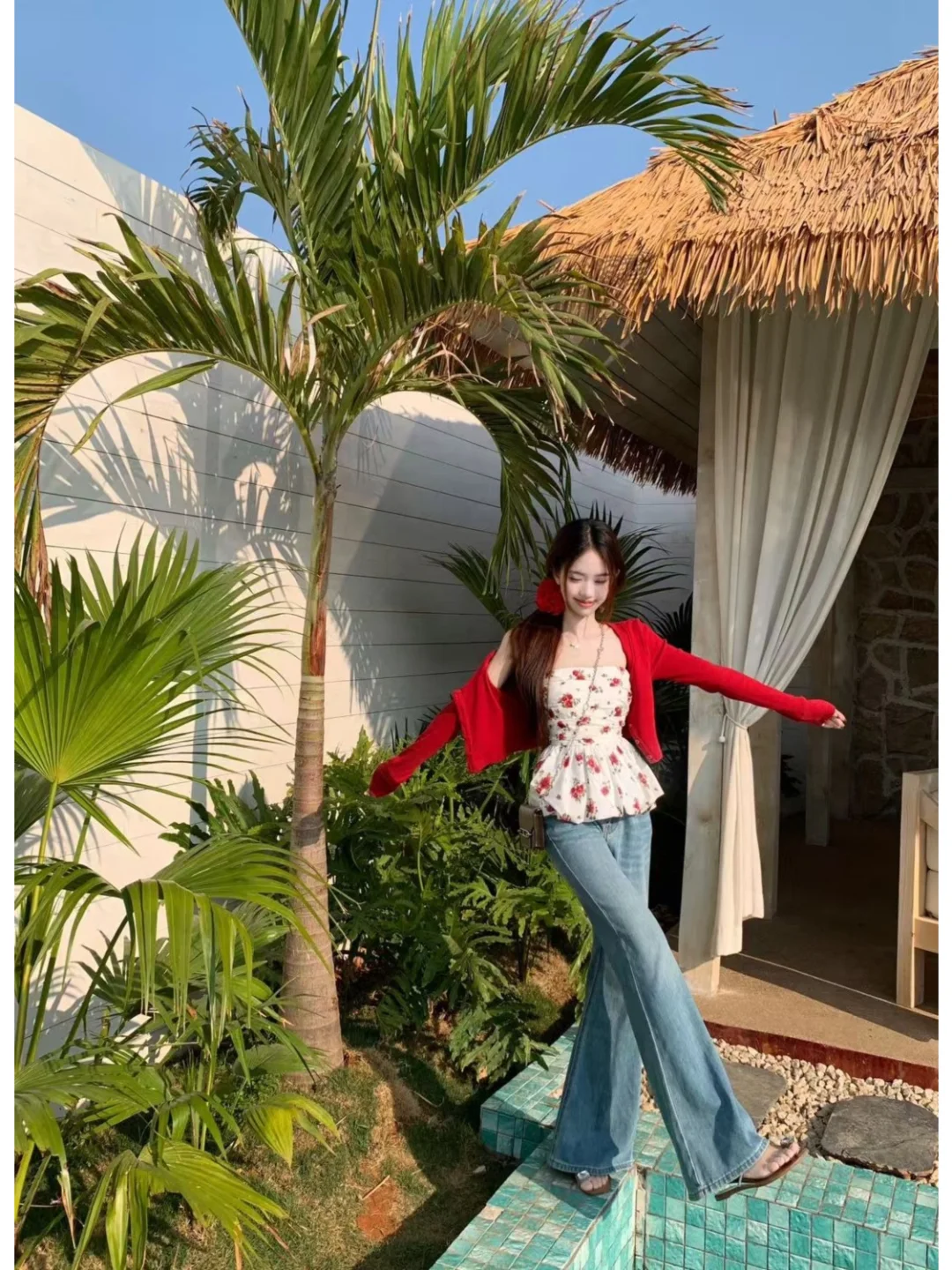 小众复古碎花抹胸背心上衣女叠穿春季红色开