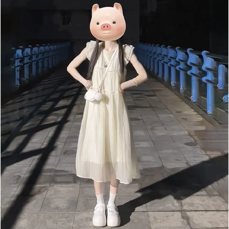 法式甜美初恋复古小飞袖杏色连衣裙女夏季新