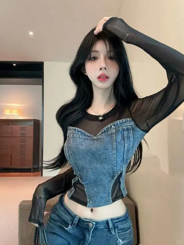 美式辣妹复古网纱拼接牛仔上衣女秋装独特时