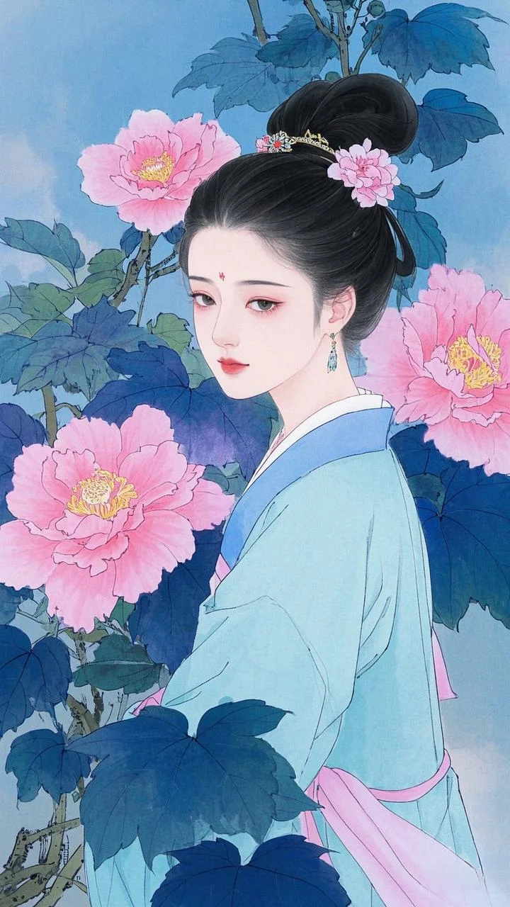 AI绘画，芙蓉花开，美人如画水墨画