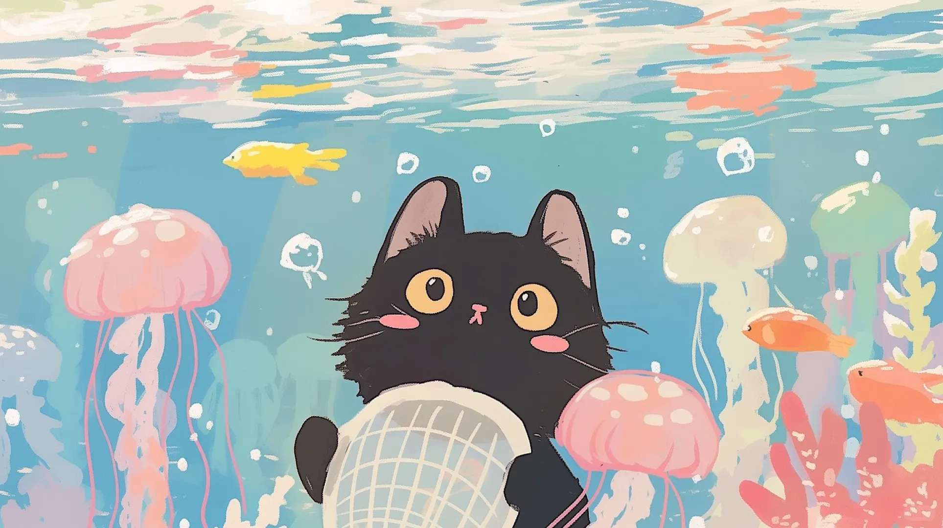 卡通壁纸｜捕水母的小黑猫iPad壁纸