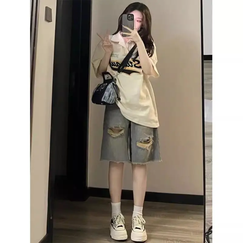 复古美式直筒中裤破洞牛仔裤女大码胖mm宽
