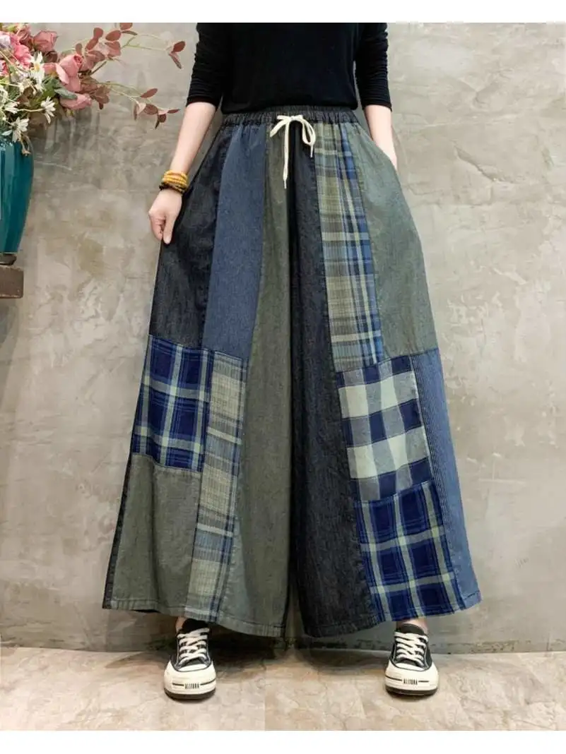 日系复古阔腿裤女春秋季水洗棉九分牛仔裤宽