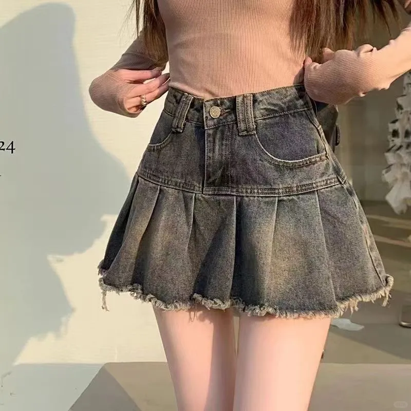 辣妹复古百褶牛仔半身裙女2025新款夏季