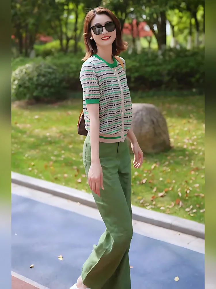 绿色时尚套装女2025年韩系复古休闲短袖