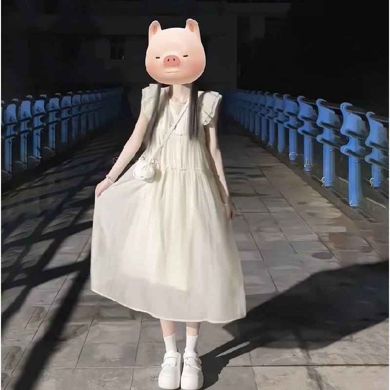 法式甜美初恋复古小飞袖杏色连衣裙女夏季新
