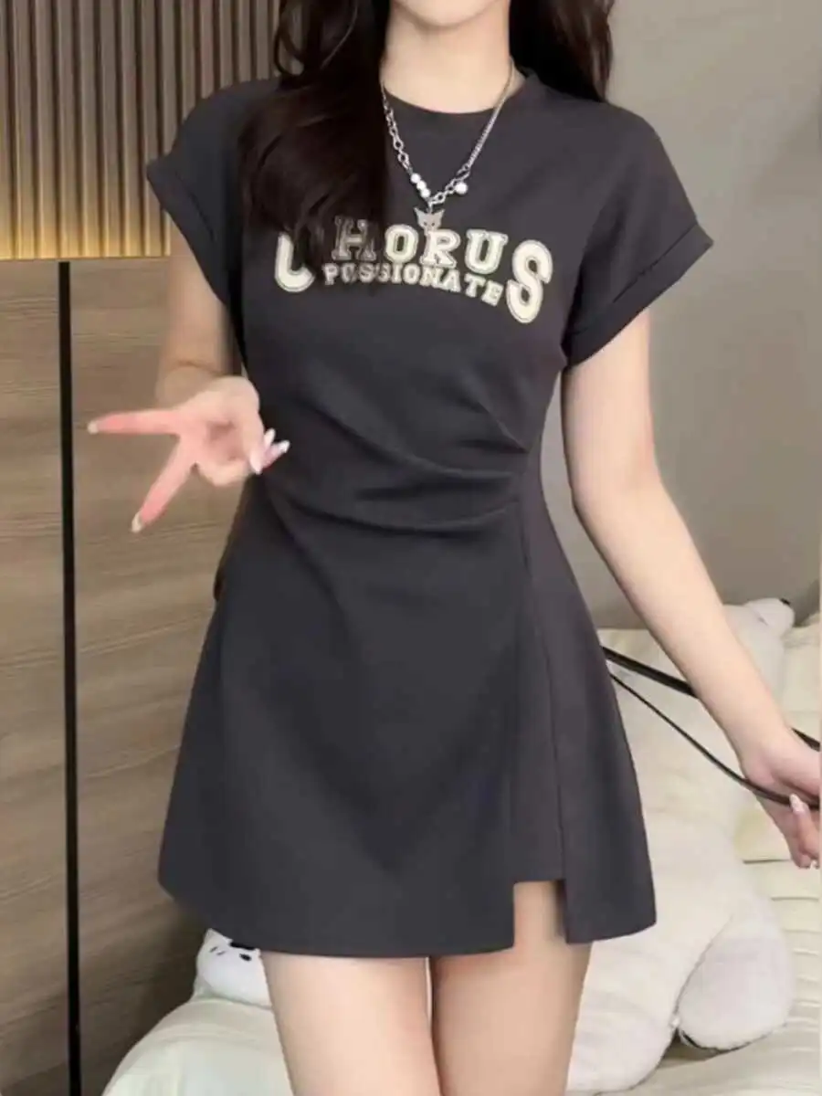 小飞袖短款裙子女夏季大码微胖小众收腰褶皱