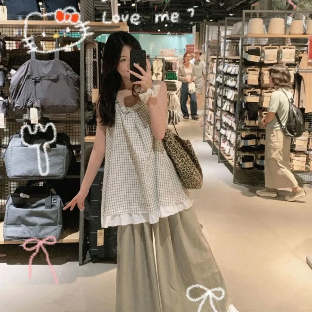 时尚套装女夏季韩系复古格子花边领口无袖背
