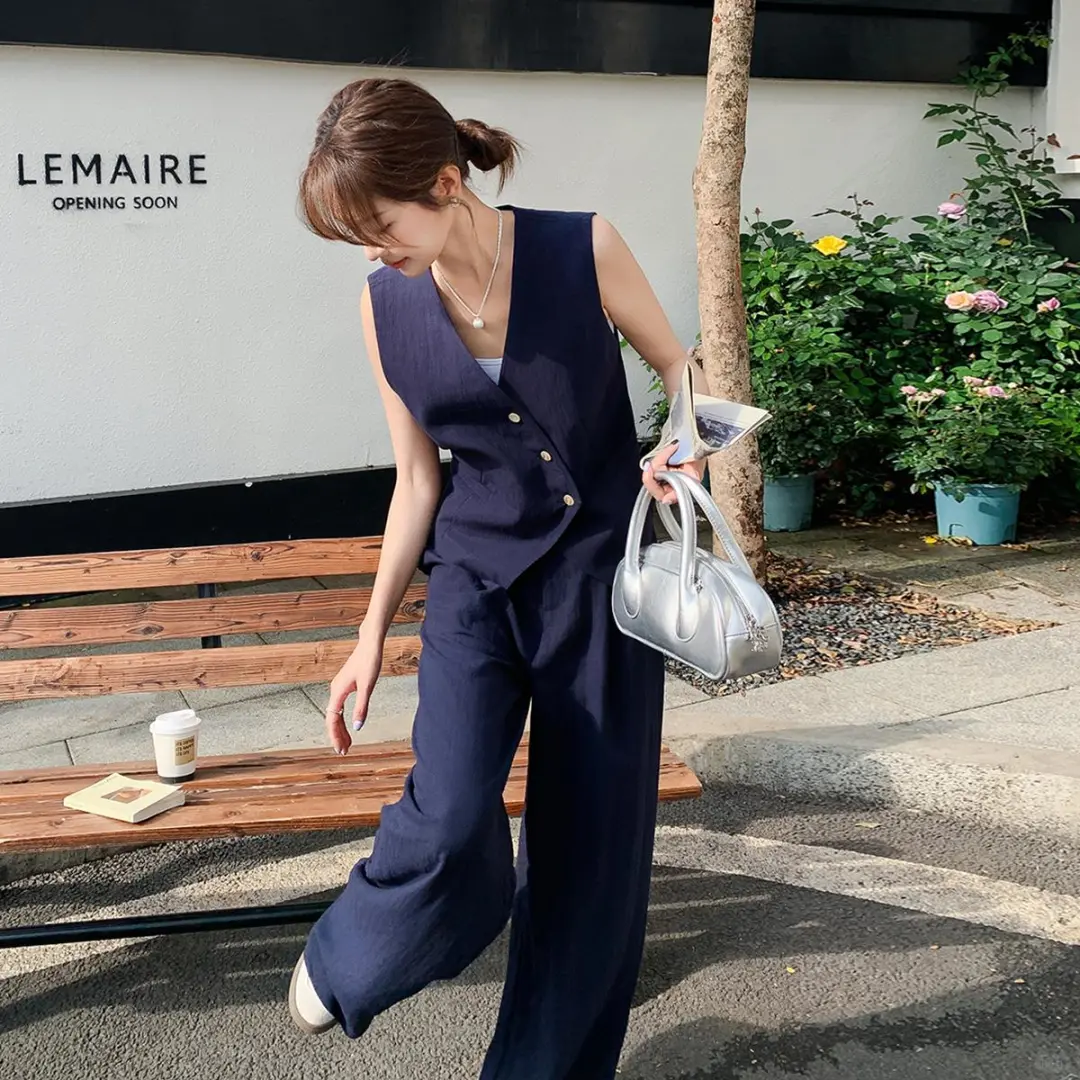 藏青色轻奢老钱风穿搭马甲套装女夏新款休闲