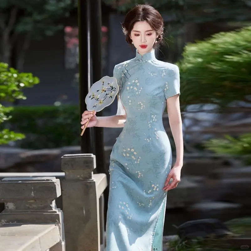 蓝色旗袍连衣裙夏季国风优雅古法长款改良女