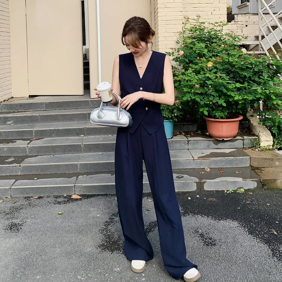 藏青色轻奢老钱风穿搭马甲套装女夏新款休闲