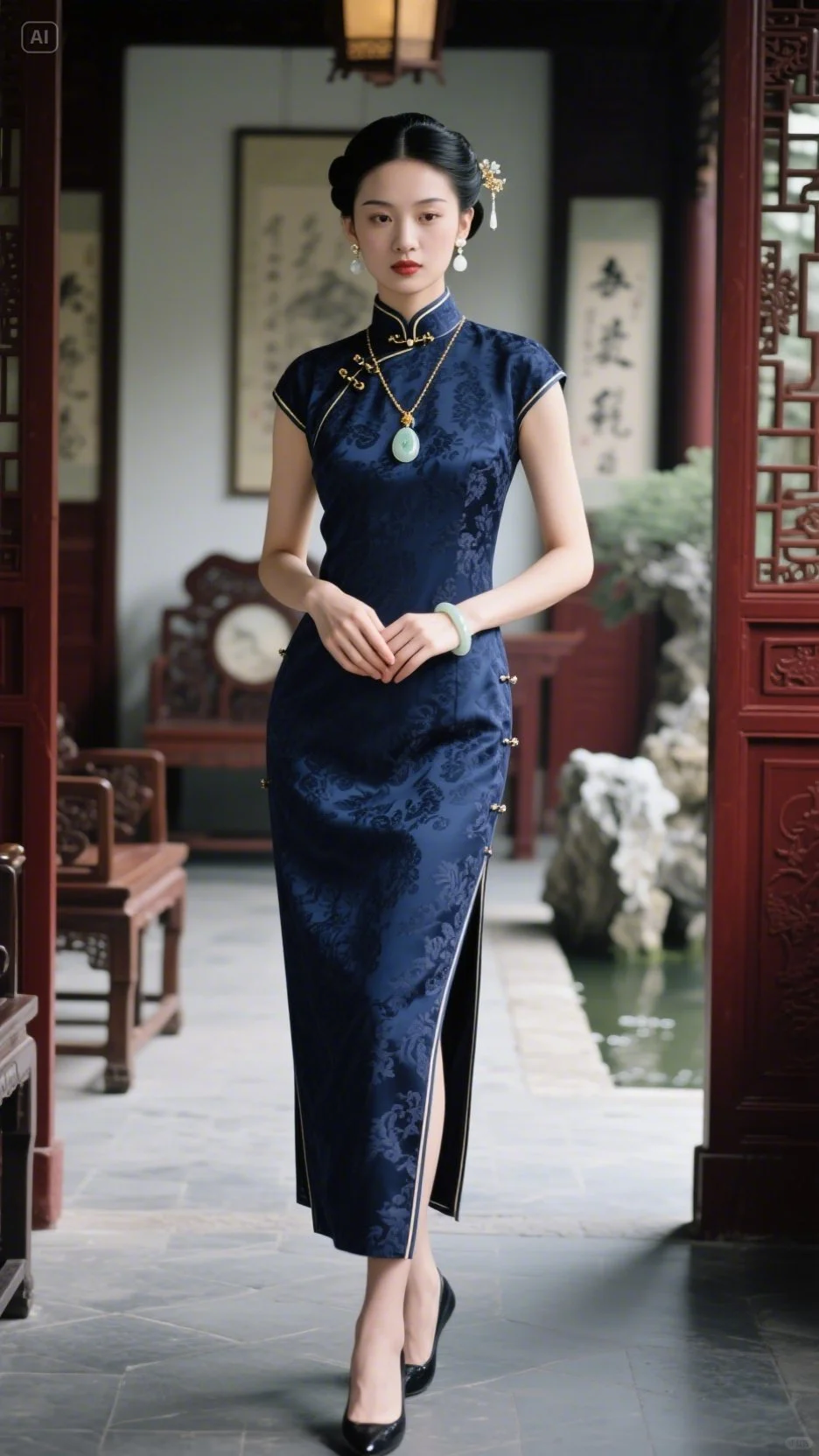 5. 传统端庄风- 旗袍：藏青色织锦旗袍