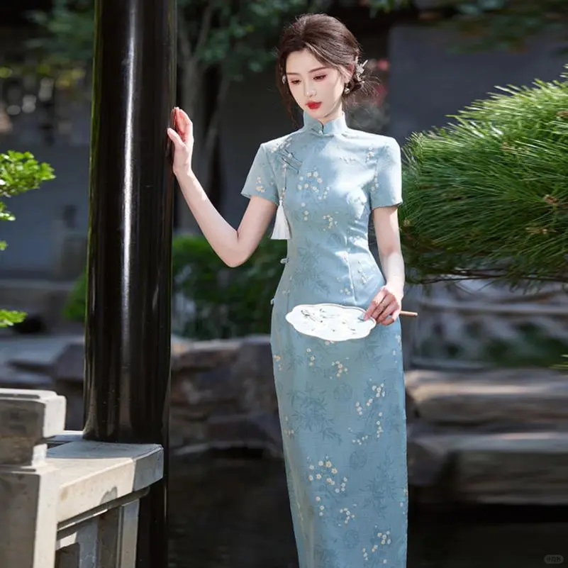 蓝色旗袍连衣裙夏季国风优雅古法长款改良女