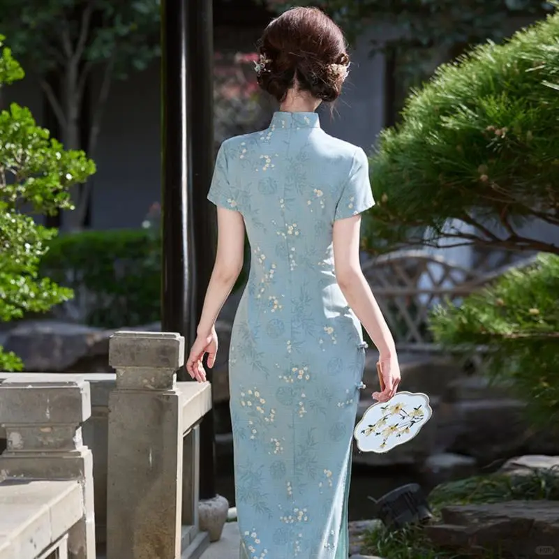 蓝色旗袍连衣裙夏季国风优雅古法长款改良女