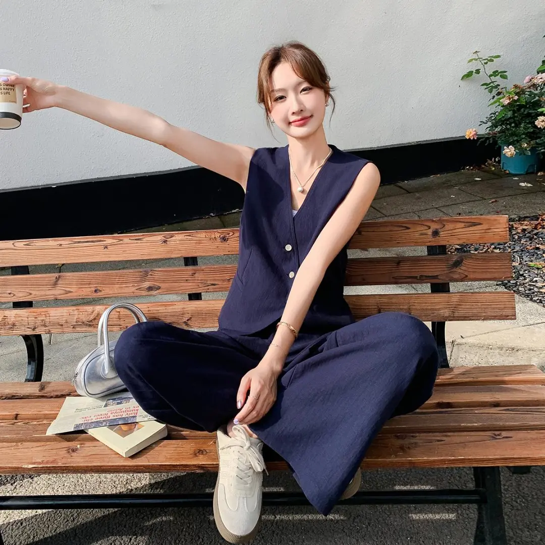 藏青色轻奢老钱风穿搭马甲套装女夏新款休闲