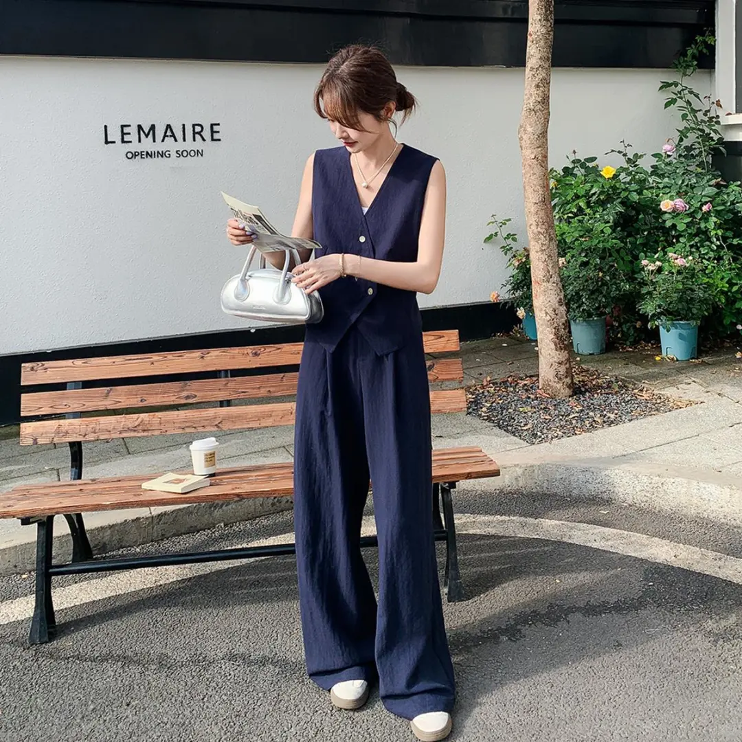 藏青色轻奢老钱风穿搭马甲套装女夏新款休闲