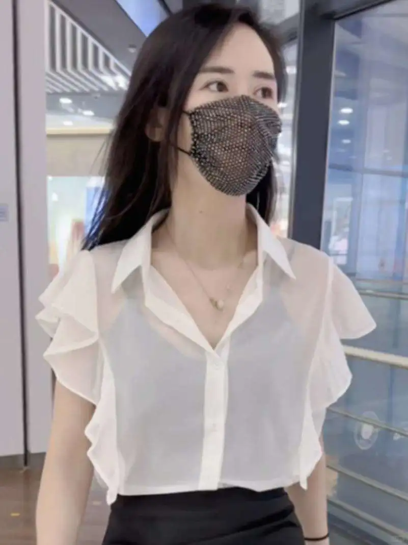 美式气质设计感小众透视荷叶袖雪纺衬衫女夏