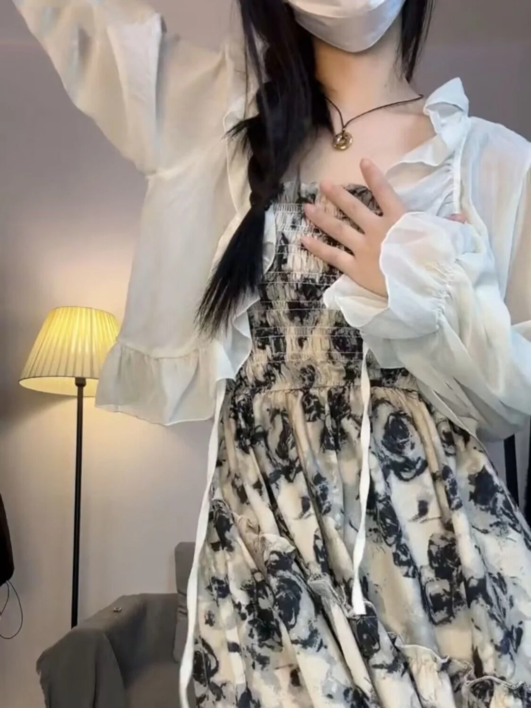 夏季套装玫瑰吊带连衣裙女设计感收腰复古花