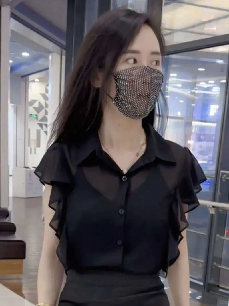 美式气质设计感小众透视荷叶袖雪纺衬衫女夏