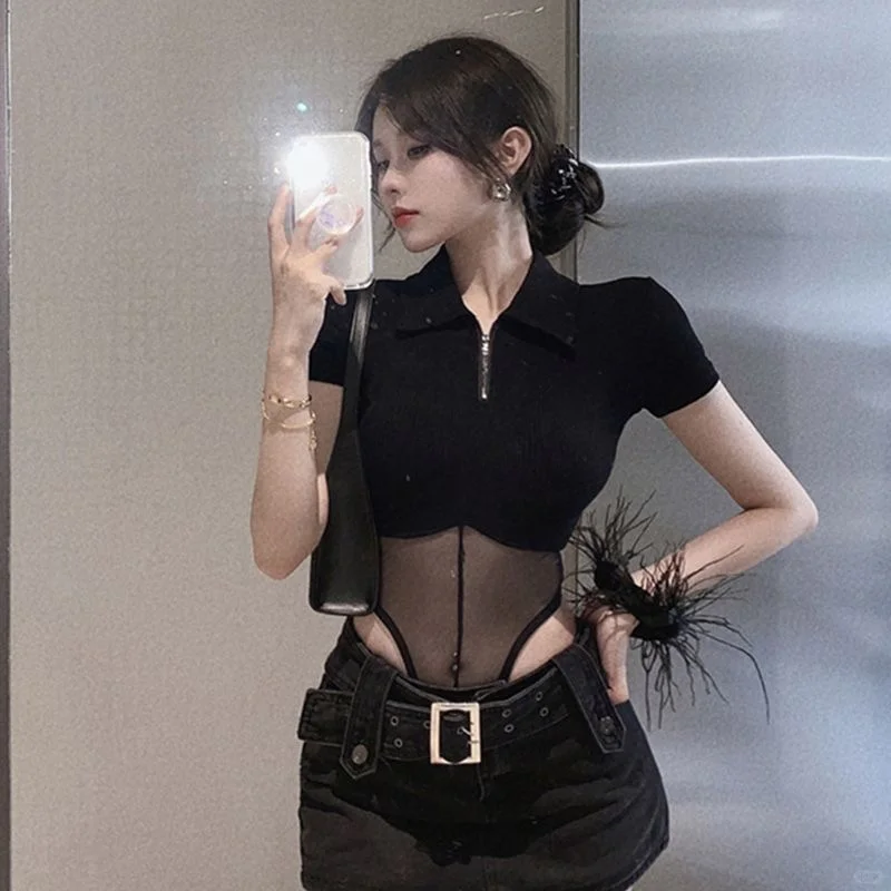 纯欲风黑色网纱拼接性感辣妹短袖T恤女夏季