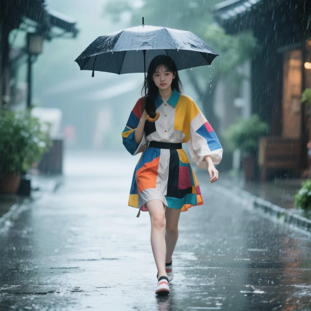 雨天穿着时尚的美女撑着伞在雨中行走。