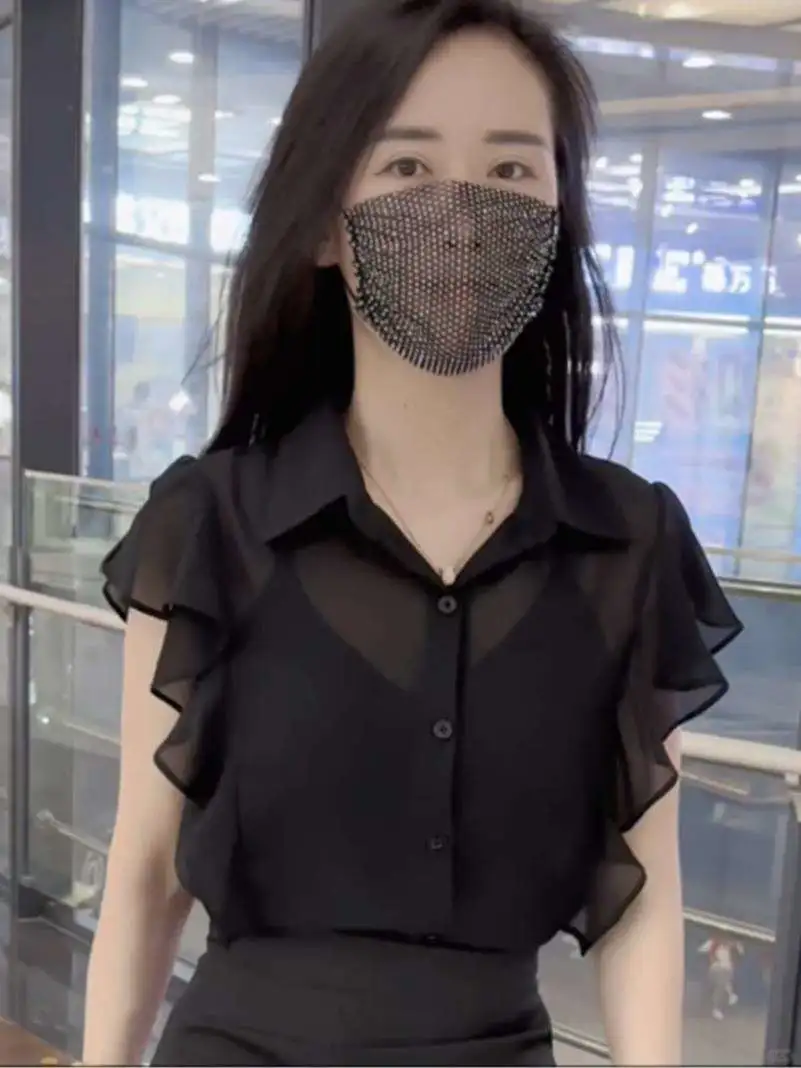 美式气质设计感小众透视荷叶袖雪纺衬衫女夏