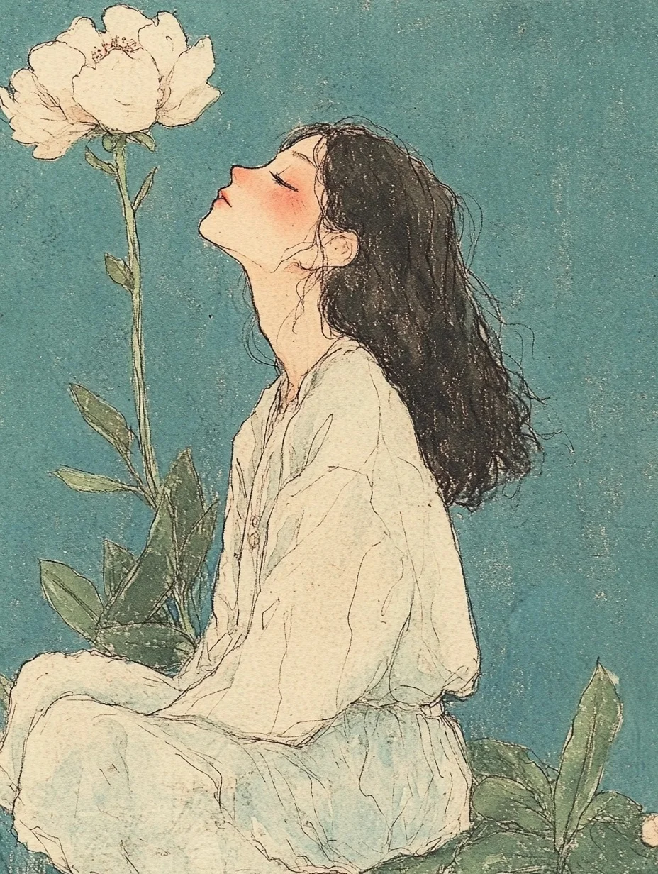 花朵上的女孩，文艺小清新风格，AI咒语。