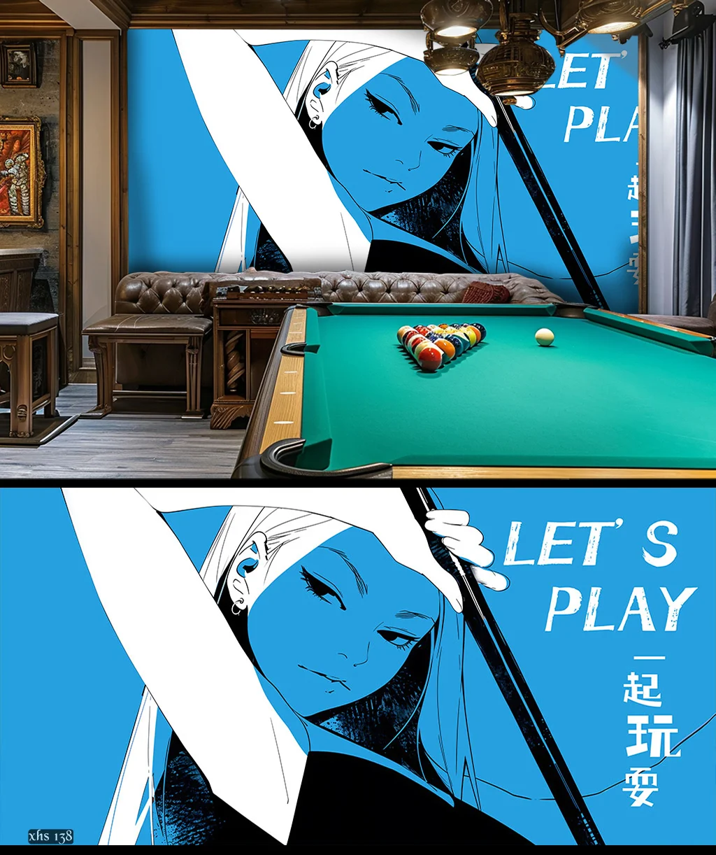 高清动漫美女台球系列壁画灯箱背景墙设计。