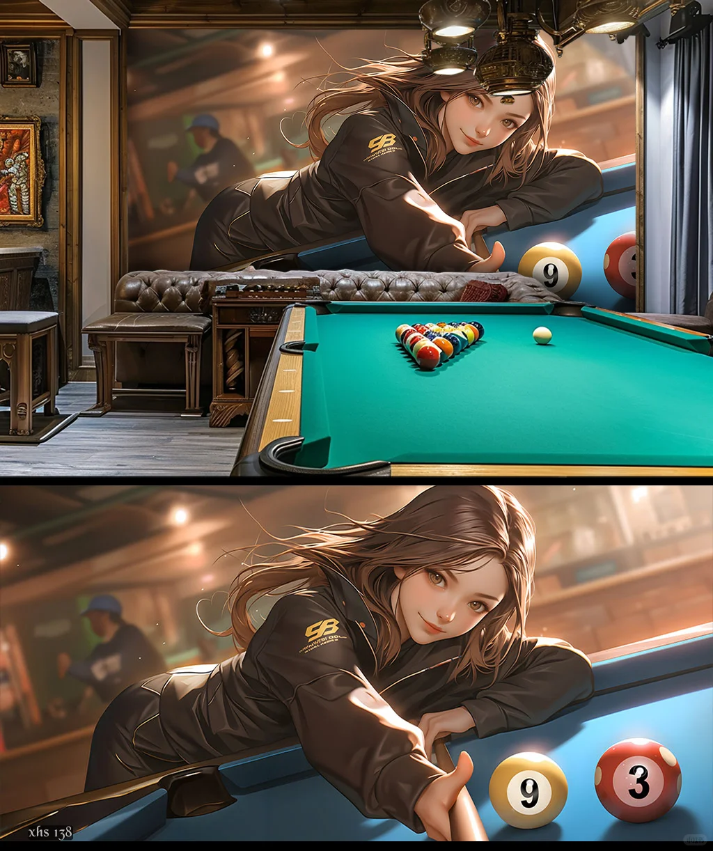 高清动漫美女台球系列壁画灯箱背景墙设计。