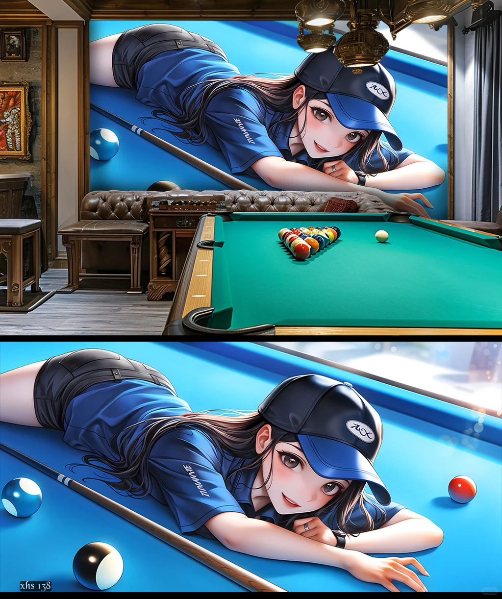 高清动漫美女台球系列壁画灯箱背景墙设计。