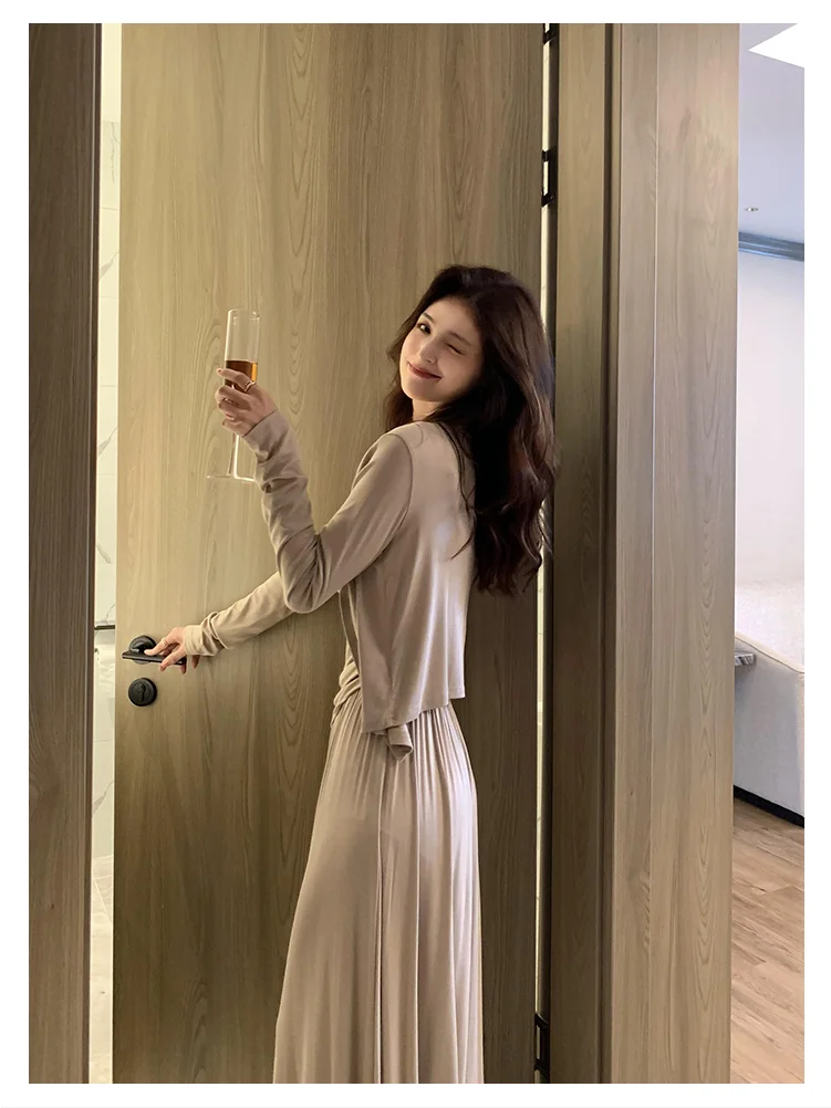 林妍儿休闲套装女新款针织吊带开衫阔腿裤松