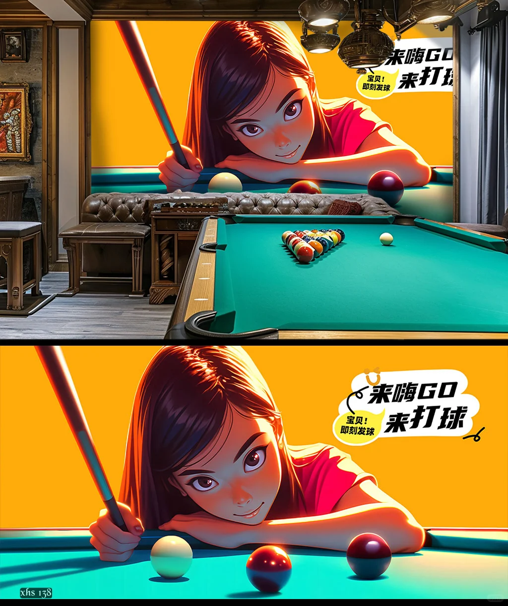 高清动漫美女台球系列壁画灯箱背景墙设计。