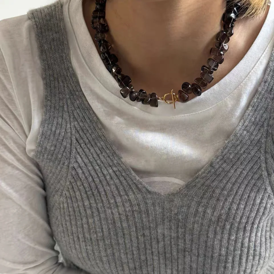 925纯银高品质茶晶天然石项链女小众设计不